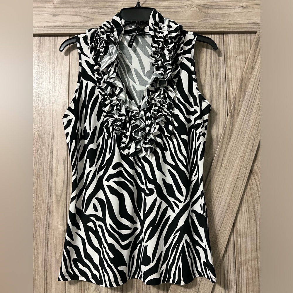 Sleeveless Ruffled Neck Zebra Print Blouse by MILANO Sz M